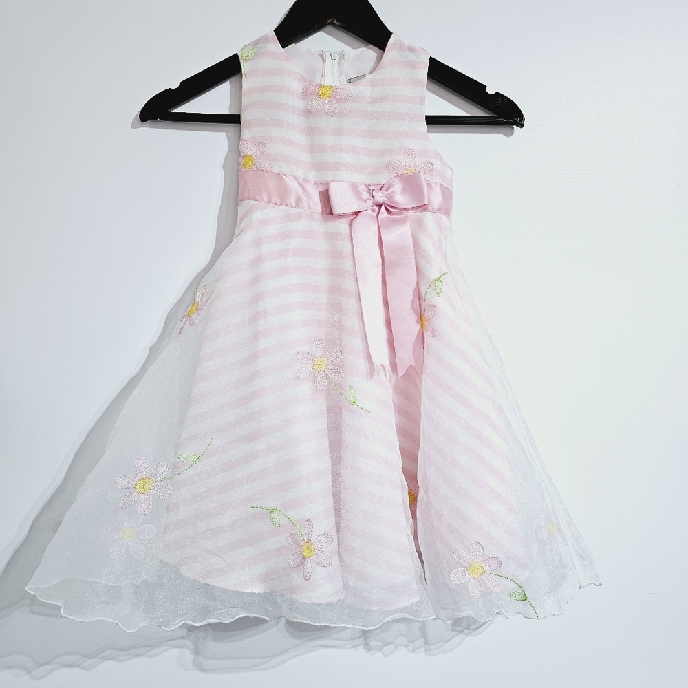 Good Lad 4T Pink & White Stripe Sheer Overlay Floral Polyester Sprig Dress